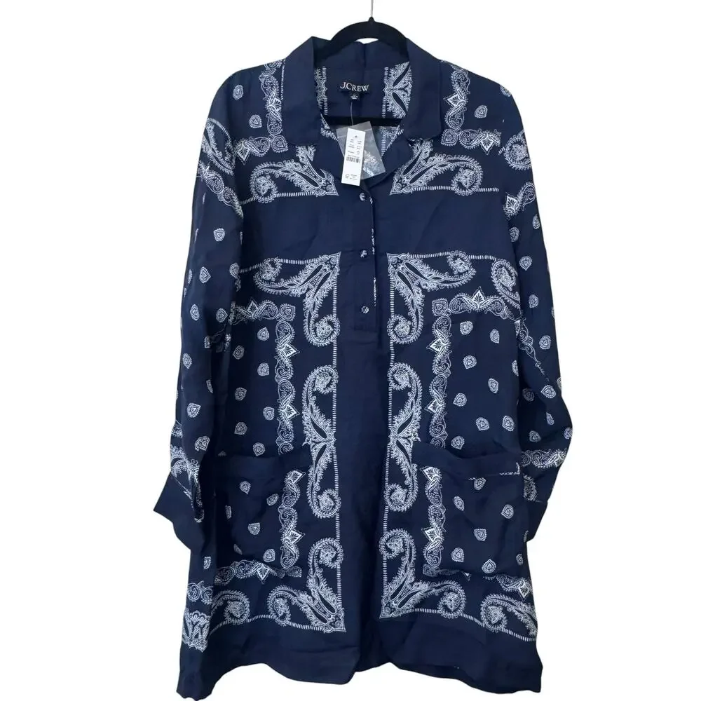 J. Crew Women's Relaxed-Fit Shirt-Dress in Bandana Print Navy Size 12 NWT